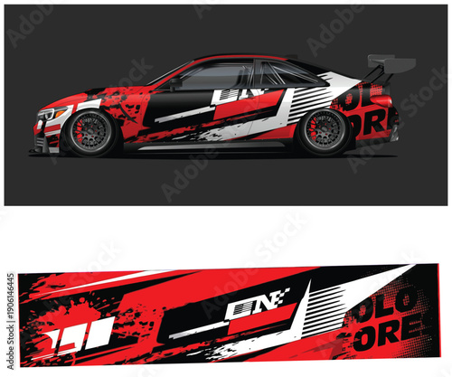 Red and white sports car with racing stripes and design elements