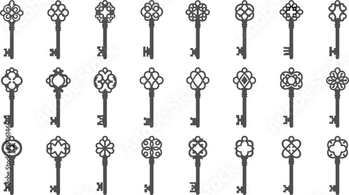 Decorative vintage key silhouette vector illustration set, ornate antique keys collection, classic lock symbols for security, logo, branding, pattern, design use