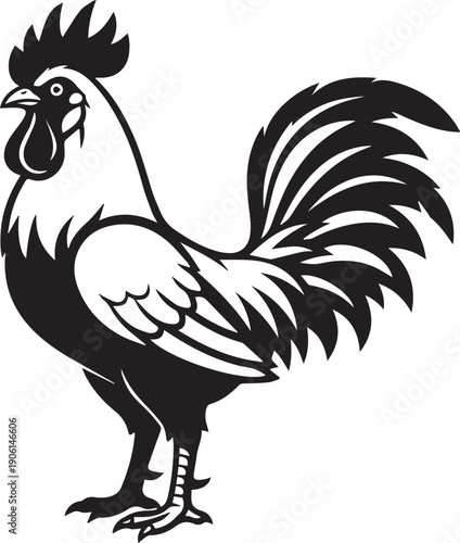 Proud rooster with a sharp comb and layered feathers, bold and classic black and white vector illustration