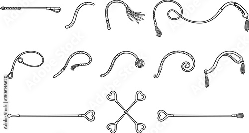 Decorative whips and braided ropes outline vector set, fantasy accessories collection with tassels heart handles and curved lash designs isolated on white background