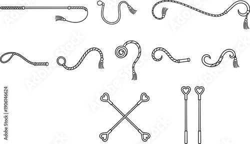 Decorative whips and braided ropes outline vector set, fantasy lash accessories with tassels curved cords and heart handles isolated on white background