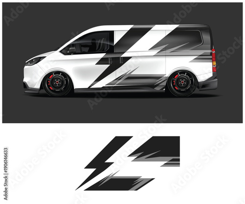 White van with black lightning bolt decal design on side panel