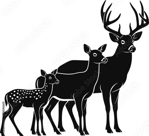 Deer family silhouette vector illustration, stag doe and fawn wildlife group, black forest animal artwork isolated on white background for design use