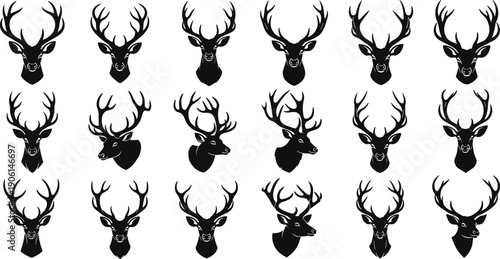 Deer head silhouette vector set, stag antlers hunting trophy collection, wild animal illustration, forest wildlife symbols isolated on white background