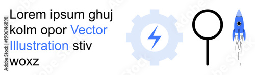 Innovation, technology, search, progress, research, exploration. Gear with a lightning bolt, a magnifying glass rocket launching and placeholder text. Innovation and technology concepts