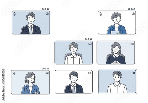 Vector illustration set of business people participating in a remote online video conference call grid