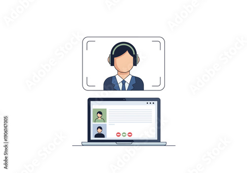 Concept of online communication and remote work with a man in a headset during a video conference on a laptop screen