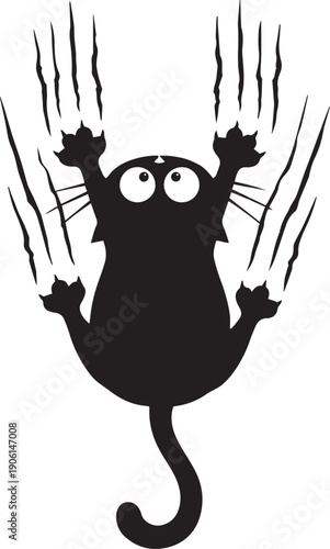 Clinging black cat with wide eyes and long claw marks, playful and humorous black and white vector illustration