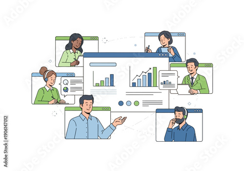 Professional team engaged in a virtual conference call analyzing business data charts on a digital interface