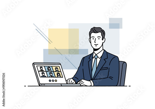 Professional businessman in a suit attending a virtual meeting on a laptop, concept of remote work and online communication