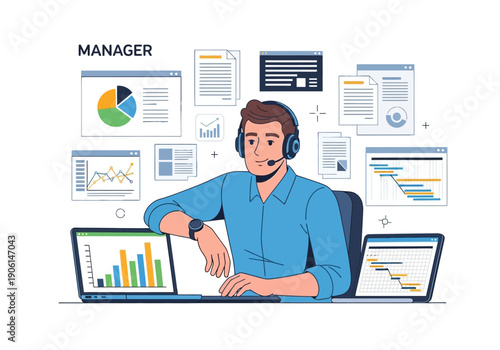 Male manager with headset analyzes data charts and project schedules on laptops. Modern flat vector illustration concept