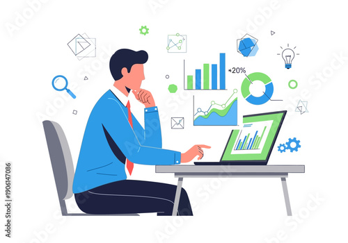 Modern professional using a laptop for business intelligence, data analysis, and financial reporting with infographic elements