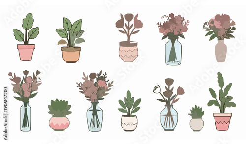 Hand drawn colorful home flowers vector collection with cozy potted plants and vases