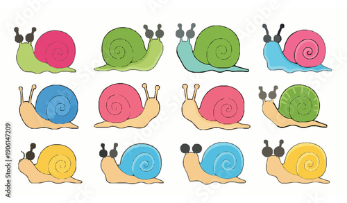 Cute colorful snail doodle vector set with hand drawn smiling cartoon snail icons