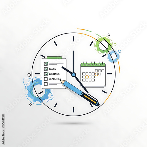 Time management and task organization with clock and calendar.