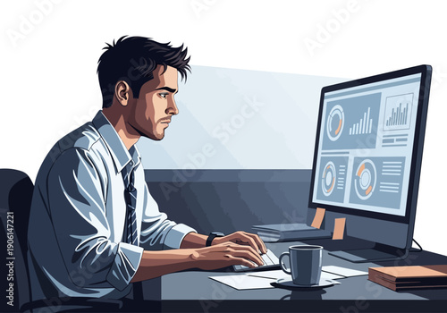 Focused male professional analyzing complex business intelligence data on a computer screen with charts and graphs in an office setting