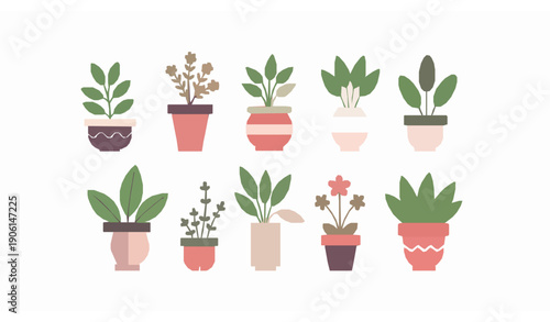 Modern flower pots vector set with cute hand drawn potted plants for interior and home