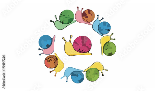 Colorful snail doodle vector set with cute cartoon smiling snail icons for children