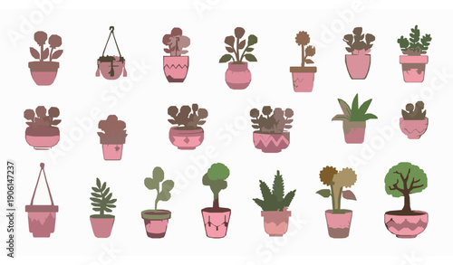 Hand drawn colorful flower pots vector collection with cute potted plants for home decor