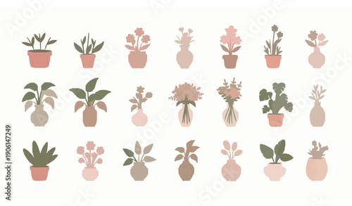 Cozy hand drawn home flowers vector set with bouquets, potted plants, and vases