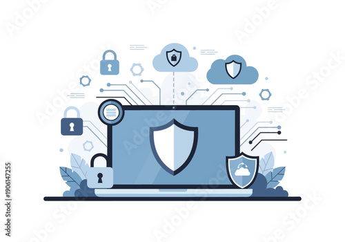 Flat illustration of cybersecurity and data protection with laptop, shield, and cloud network security icons
