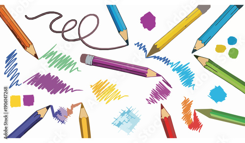 Colored pencil doodle vector set with hand drawn test lines and color swatches