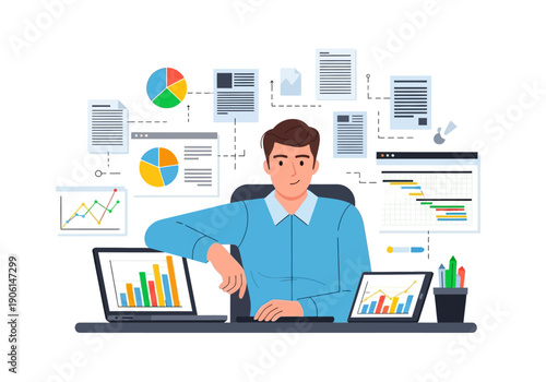Efficient project manager multitasking at a desk, analyzing business data charts and financial reports on multiple screens