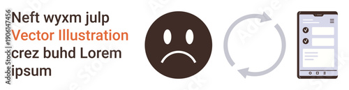 Feedback, evaluation, user experience, system process, review, communication concept. Sad face emotion, circular arrows and mobile checklist. Feedback and evaluation