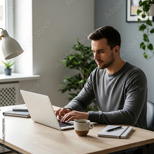 Young man working on laptop at home office desk.