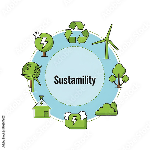 Sustainability concept with environmental icons in a circular arrangement.