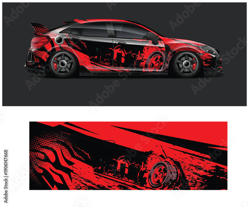 Red and black sports car with flame design on side panel and road