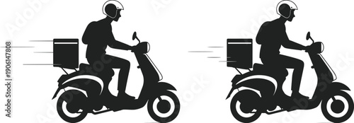 Delivery man riding scooter with parcel box, fast food courier service vector illustration, express transportation concept, online order shipment and logistics design