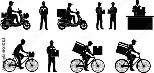 Delivery Service Courier Silhouette Vector Illustration Set, Express Shipping Workers Riding Motor Scooters and Bicycles, Carrying Boxes for Food and Parcel Transport, Isolated Black Icons on White