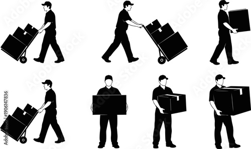 Delivery worker silhouettes set, man carrying boxes and using hand truck, logistics transport icons, black vector illustration for moving, shipping, warehouse services