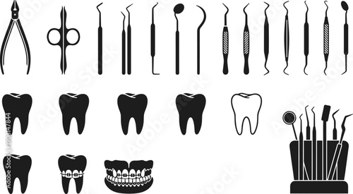 Dental tools and teeth silhouette vector set, dentistry equipment instruments braces and oral care icons collection for medical clinic design isolated on white background