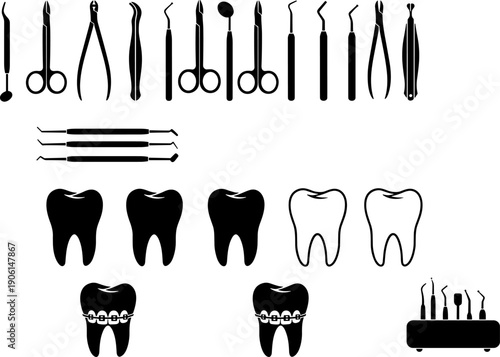 Dental tools and teeth silhouette vector set, dentistry instruments braces and oral care icons collection for medical clinic design isolated on white background