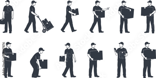 Delivery worker silhouette vector set, courier carrying boxes and packages collection, logistics service illustration, moving transport job poses isolated on white background