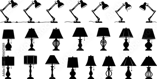 Desk and table lamp silhouettes set, modern and classic lighting fixtures collection, black vector illustration for interior design, home decor, office lighting icons