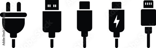 Different charging cable connector types including USB, Type C, and power plug black silhouette vector illustration for technology and electronic device design