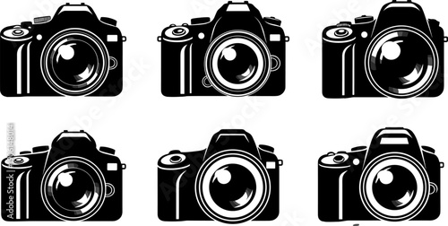 Digital camera icons collection with DSLR silhouettes, professional photography equipment symbols, modern black vector illustration set for media, technology, and creative design