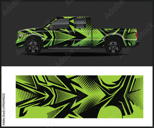Green and black abstract design on a pickup truck and close up