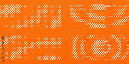 Abstract orange background with circles featuring a halftone dot pattern and artistic wave shapes in a digital vector illustration texture
