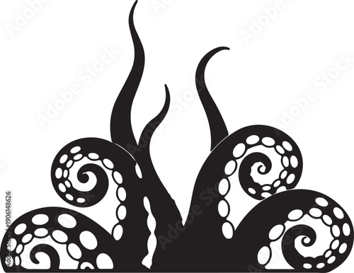 Curled octopus tentacles, mysterious nautical black and white vector illustration