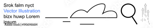 Cloud storage, data analysis, digital growth, business innovation, online search, technology development. Magnifying glass over a cloud with arrows rising. Cloud storage and data analysis concepts