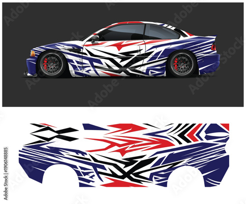 Car with abstract racing stripe design and vehicle decal