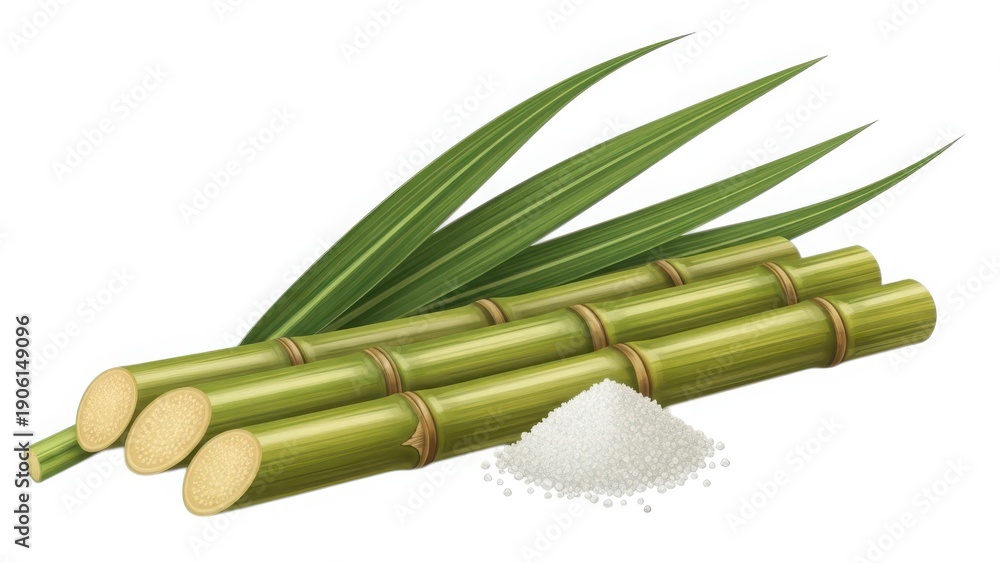 Fototapeta premium Sugar cane with leaves and sugar