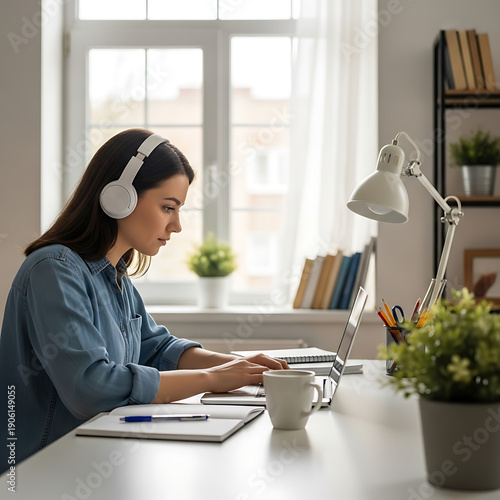 Young woman with headphones working on laptop at home.