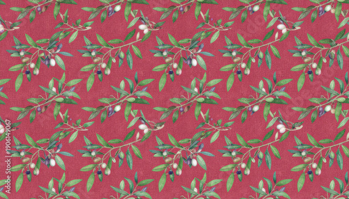 Elegant Mediterranean olive tree branch pattern for textile and wallpaper design.