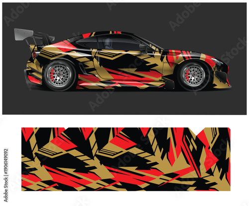 Red black and gold abstract sports car design with camouflage pattern