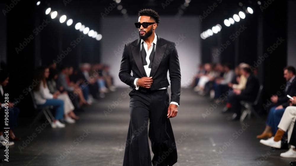 Fototapeta premium Stylish african male model in black suit walking fashion runway at fashion show event.